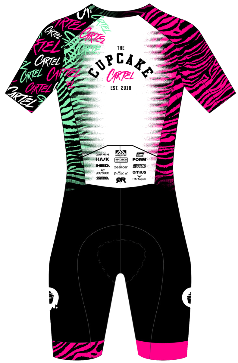The Cupcake Cartel 2027 race suit, back view, pink and mint tiger print with sponsor logos
