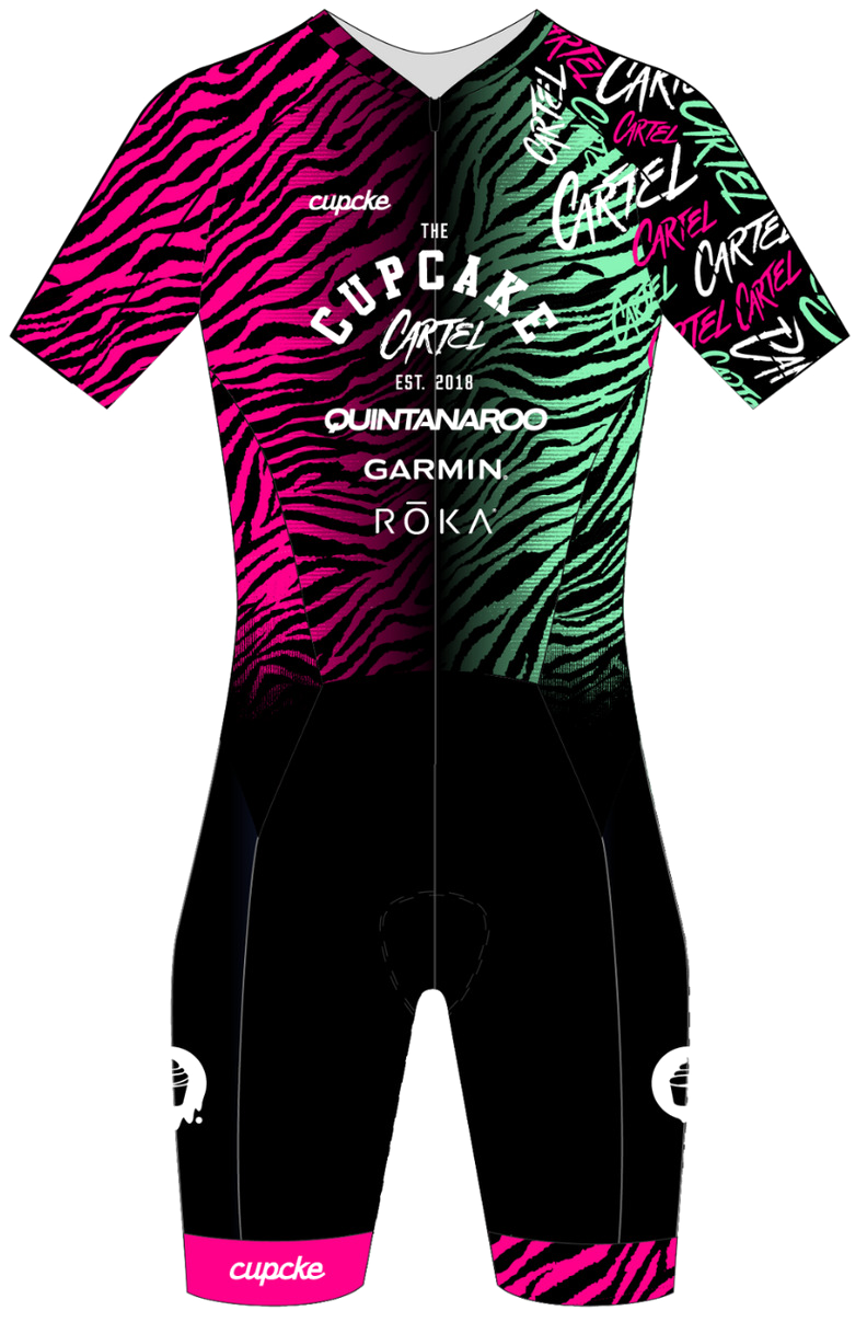 The Cupcake Cartel 2027 race suit, front view, pink and mint tiger print